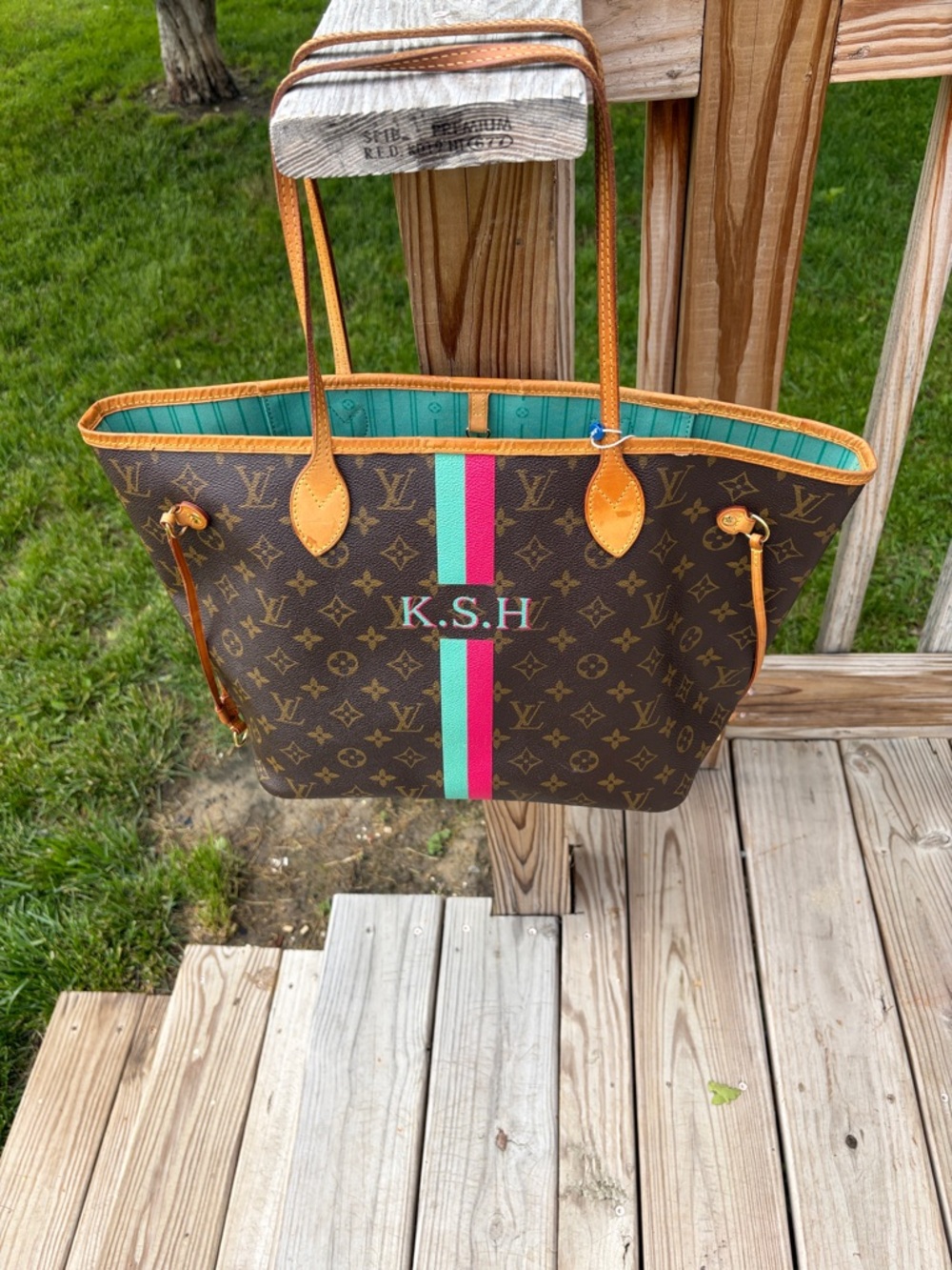 Louis Vuitton Brown limited Monogram Tote with Pink & Teal Center Stripe